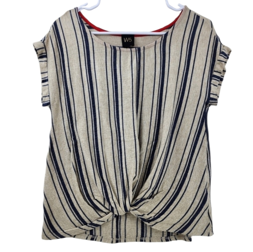 W5 By Anthropologie Twist Front Top Women's Medium Beige with Blue Stripes Flowy